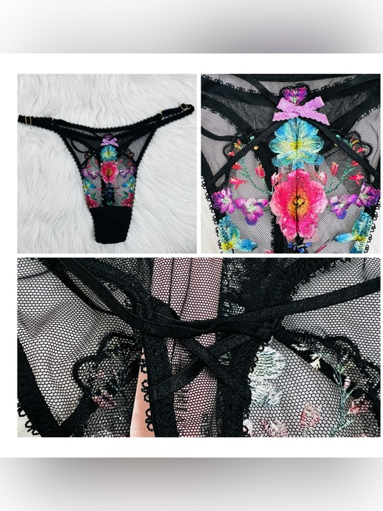Victoria's Secret Other - NWT! Dark Blossom Embroidery High-Leg Adjustable Thong Panty Sz L